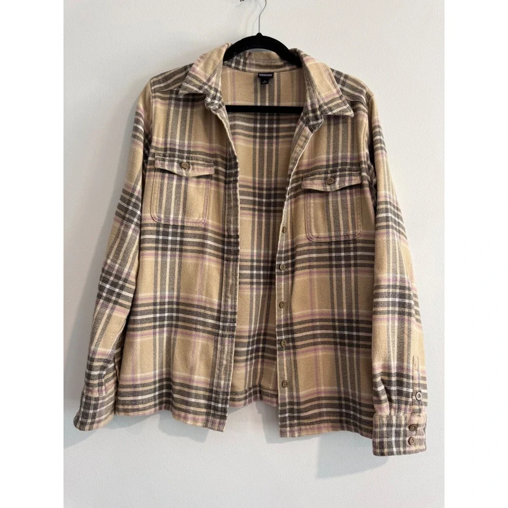 Patagonia Organic Cotton Plaid Flannel Shirt Womens 10 Tan Brown Button Down - Picture 5 of 5